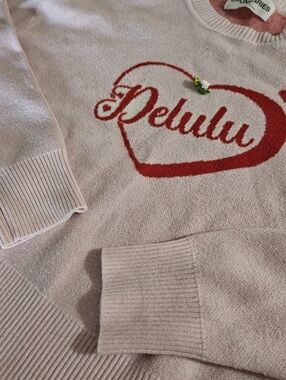 "Delulu" Pink Knit Sweater - Pastel Coquette Heart Graphic - Size 4-6